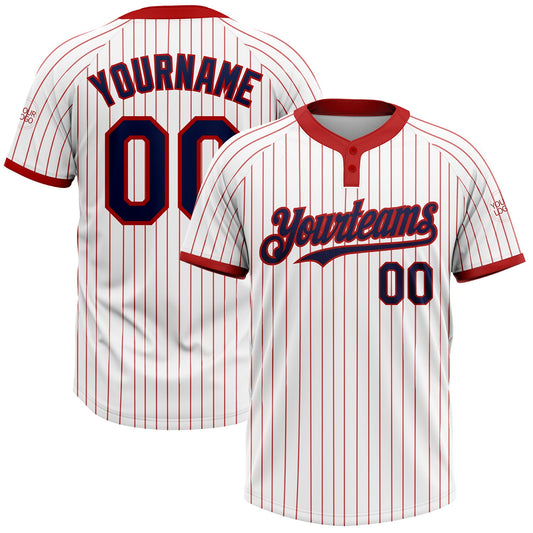 Custom White Red Pinstripe Navy Two-Button Unisex Softball Jersey - Main View