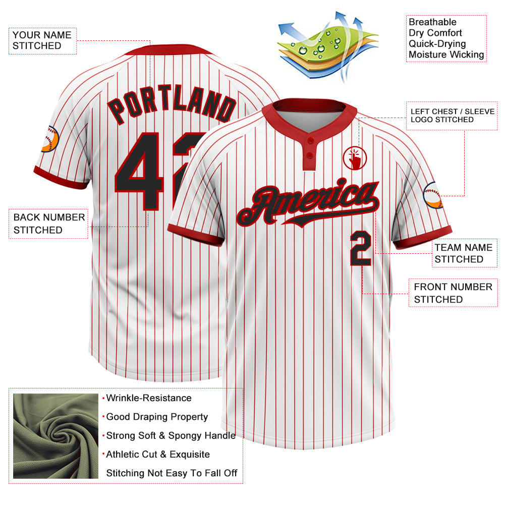 Custom White Red Pinstripe Black Two-Button Unisex Softball Jersey view 3