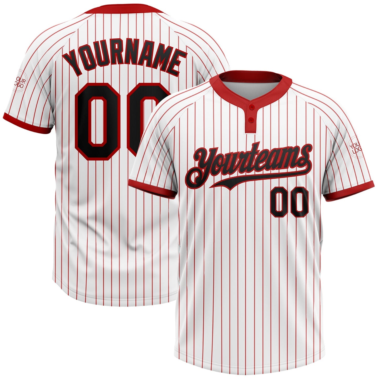 Custom White Red Pinstripe Black Two-Button Unisex Softball Jersey - Main View