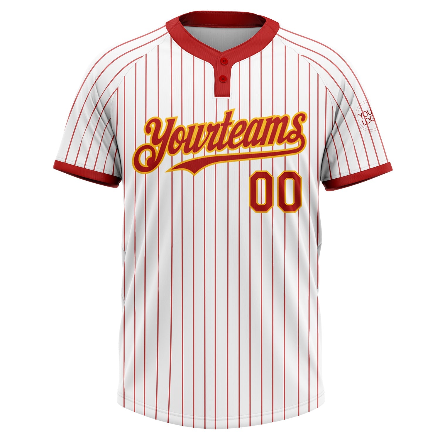 Custom White Red Pinstripe Gold Two-Button Unisex Softball Jersey view 2