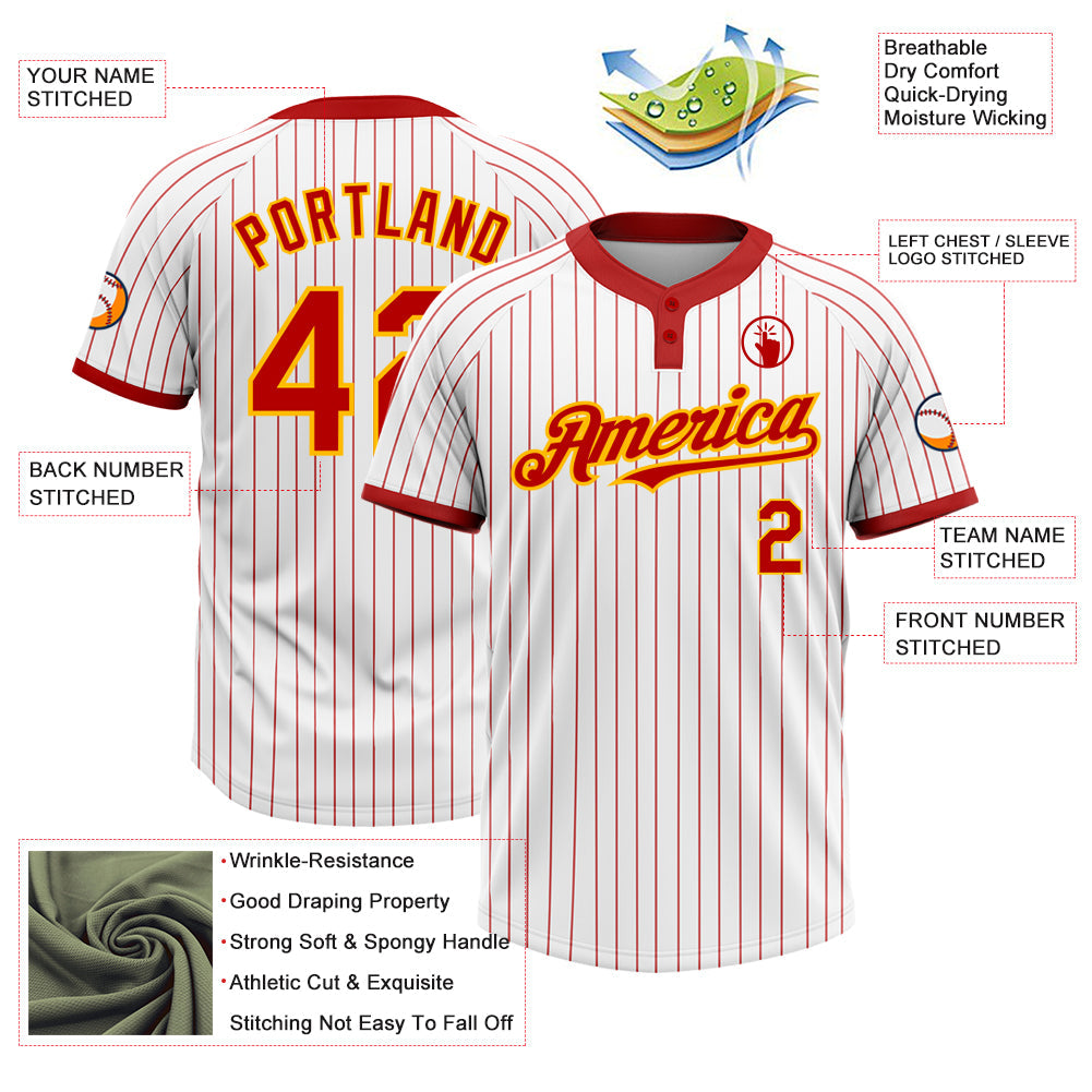 Custom White Red Pinstripe Gold Two-Button Unisex Softball Jersey view 3
