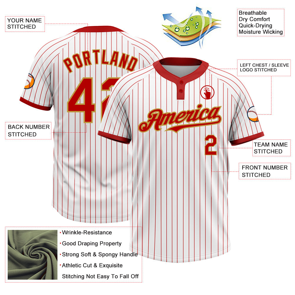 Custom White Red Pinstripe Old Gold Two-Button Unisex Softball Jersey view 3