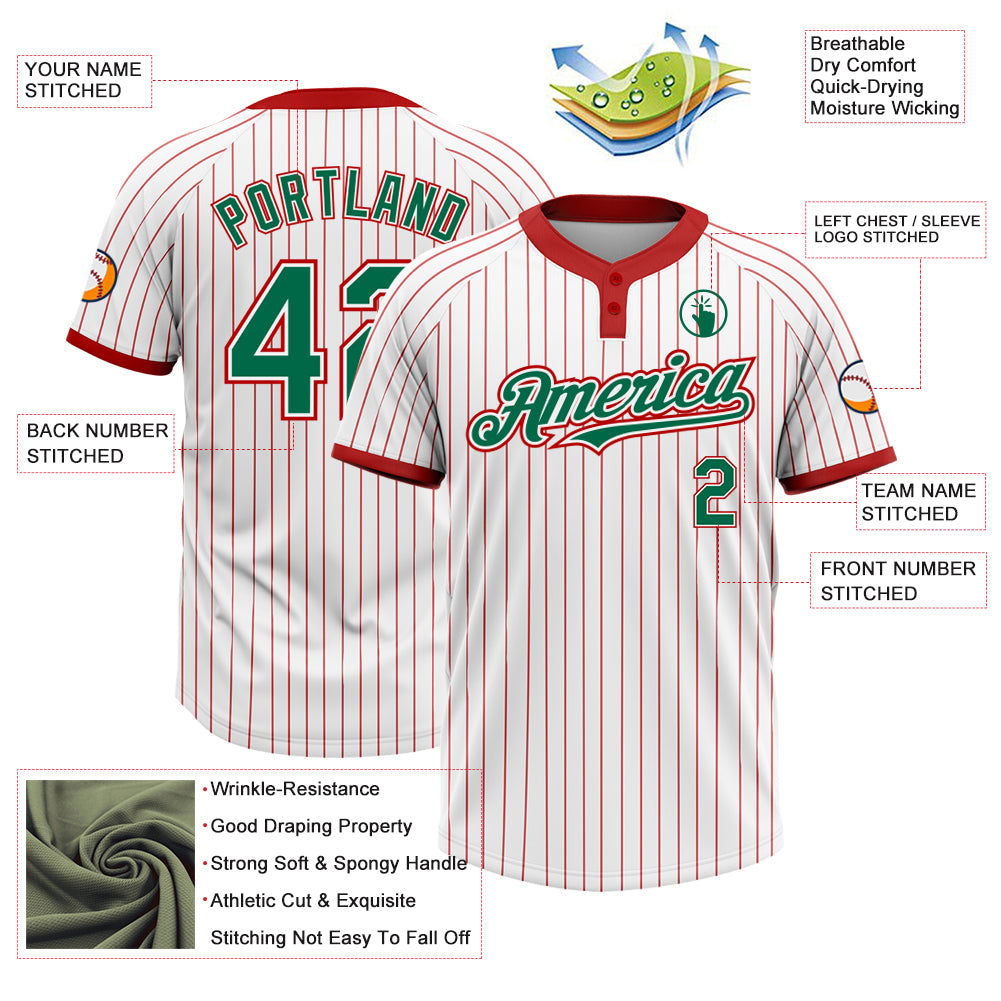 Custom White Red Pinstripe Kelly Green Two-Button Unisex Softball Jersey view 3