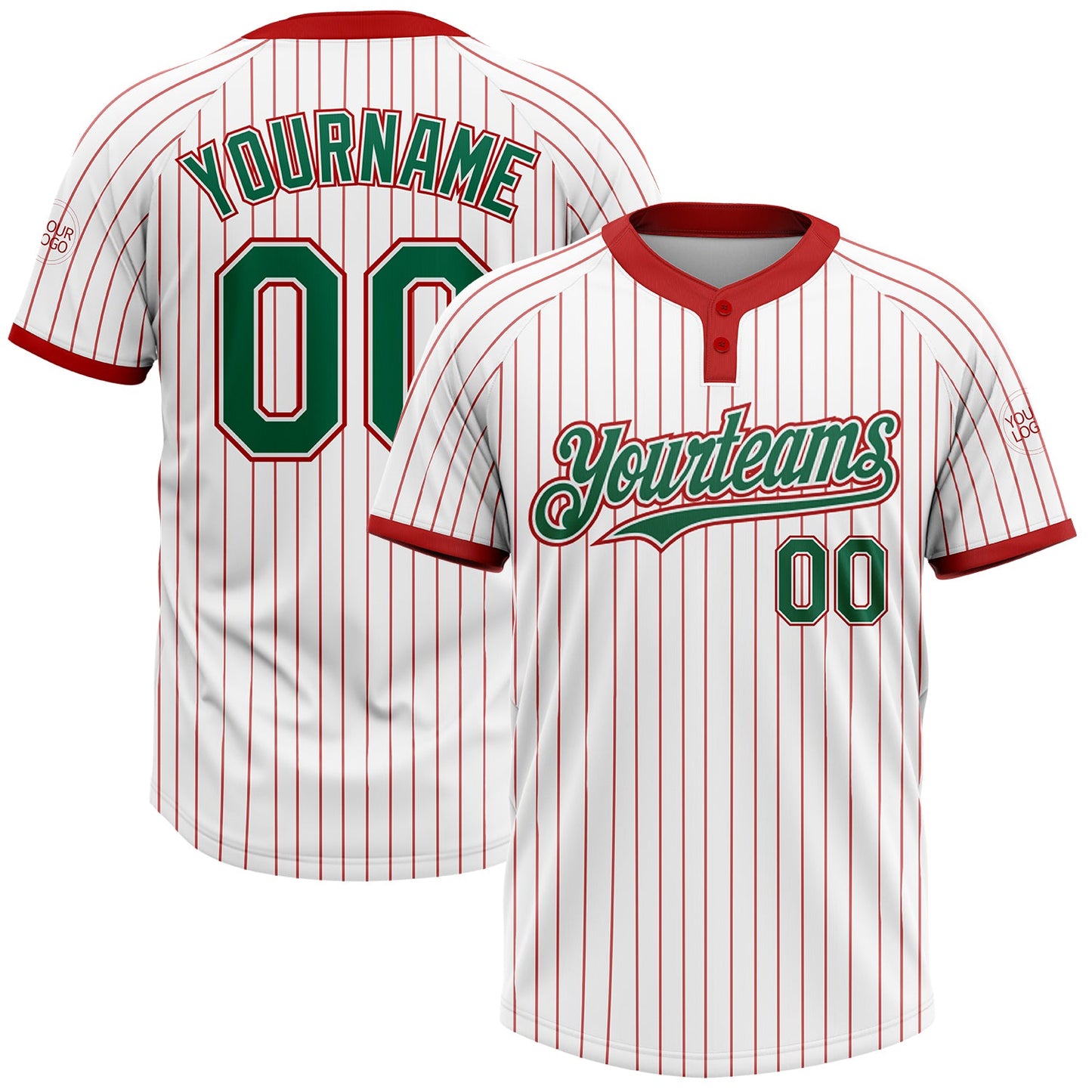 Custom White Red Pinstripe Kelly Green Two-Button Unisex Softball Jersey - Main View