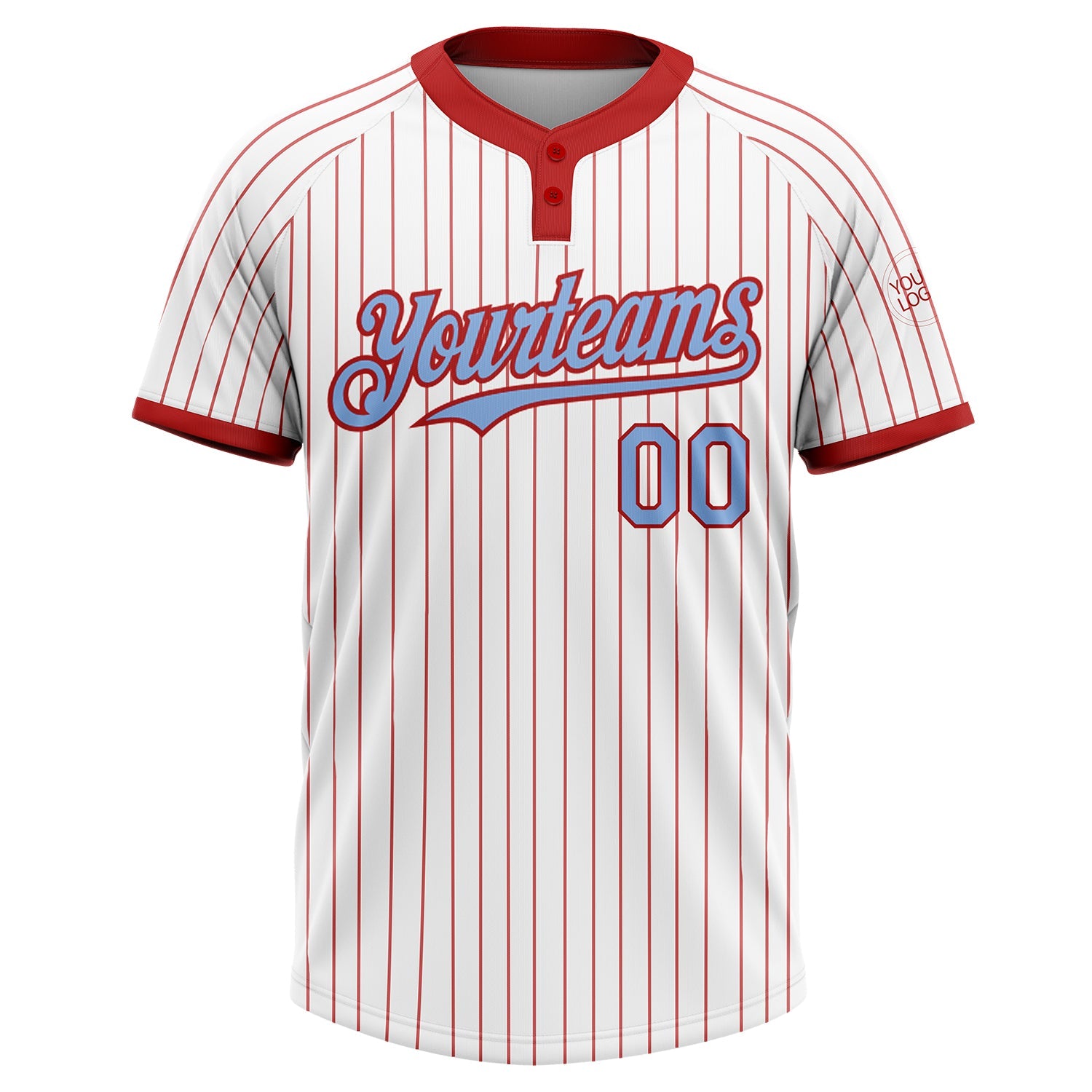 Custom White Red Pinstripe Light Blue Two-Button Unisex Softball Jersey view 2