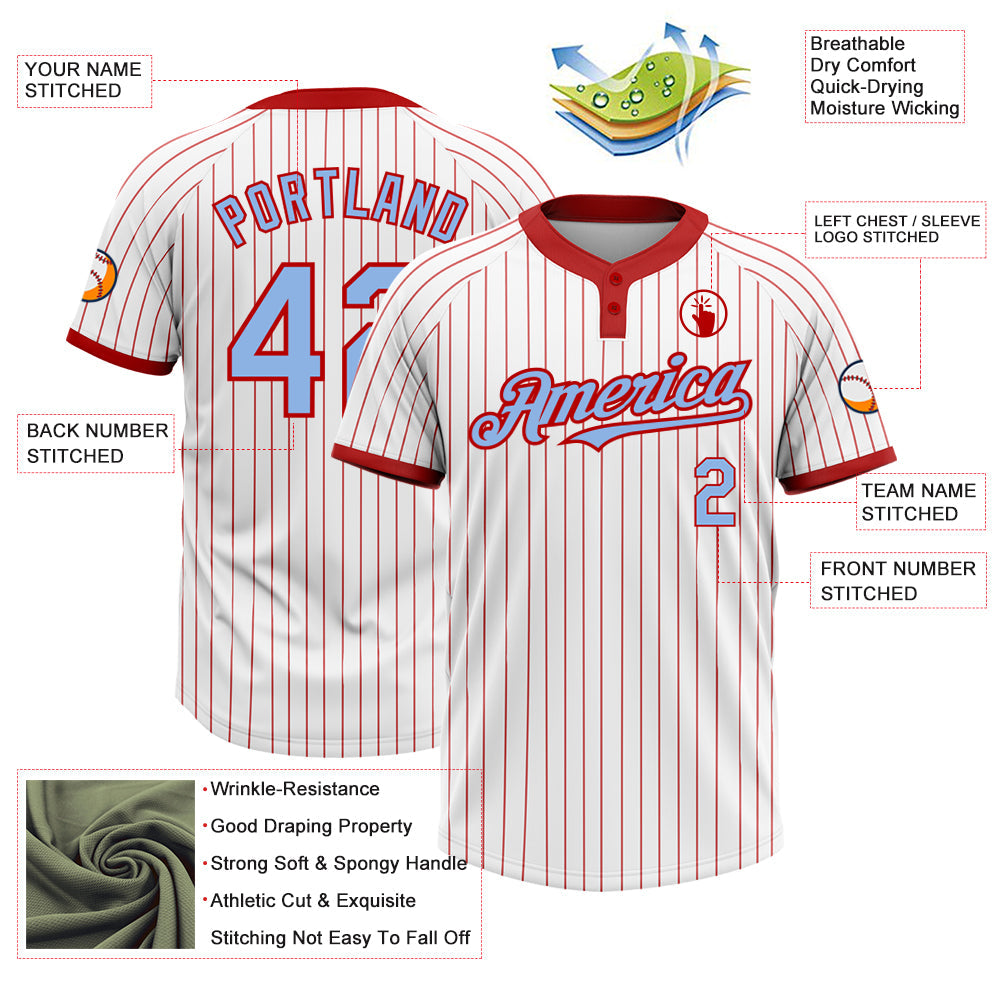 Custom White Red Pinstripe Light Blue Two-Button Unisex Softball Jersey view 3