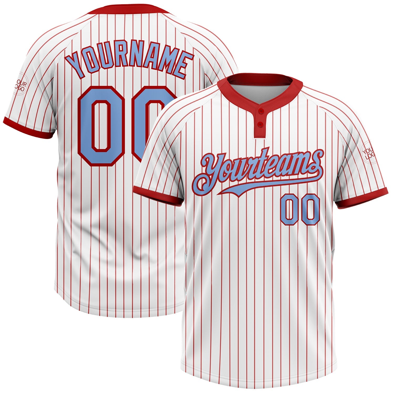 Custom White Red Pinstripe Light Blue Two-Button Unisex Softball Jersey - Main View