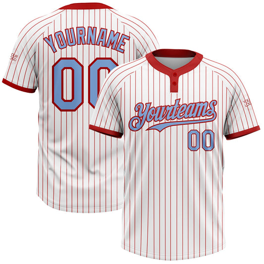Custom White Red Pinstripe Light Blue Two-Button Unisex Softball Jersey - Main View