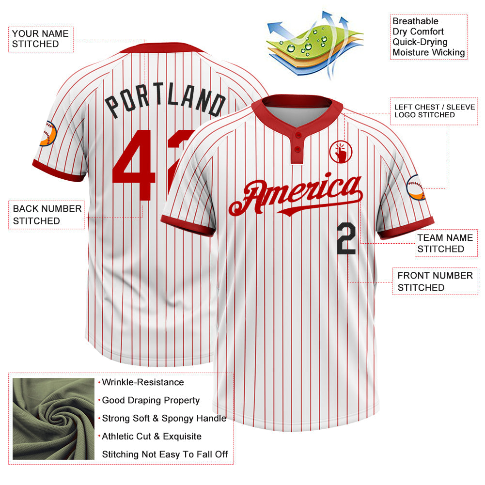 Custom White Red Pinstripe Black Two-Button Unisex Softball Jersey view 3