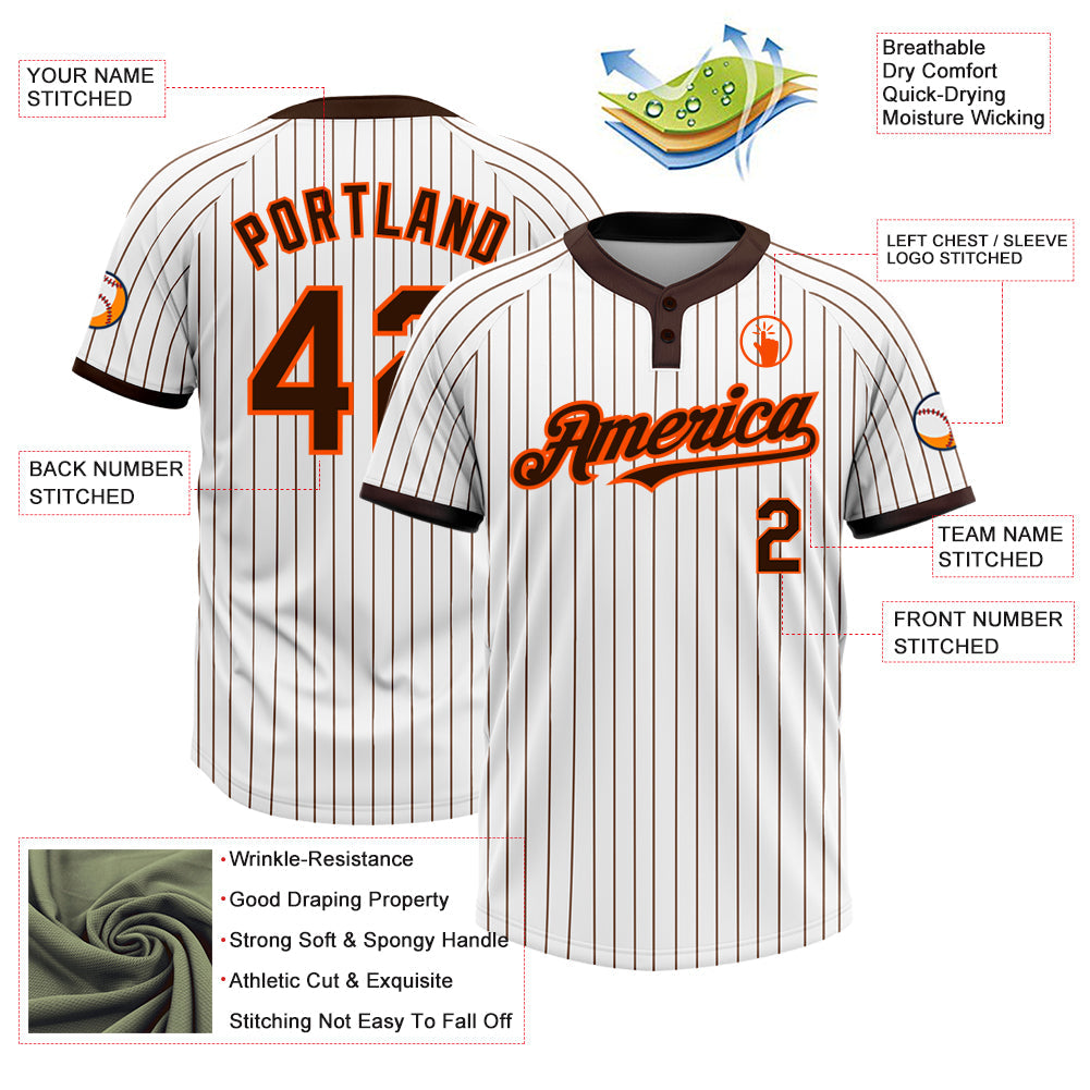 Custom White Brown Pinstripe Orange Two-Button Unisex Softball Jersey view 3