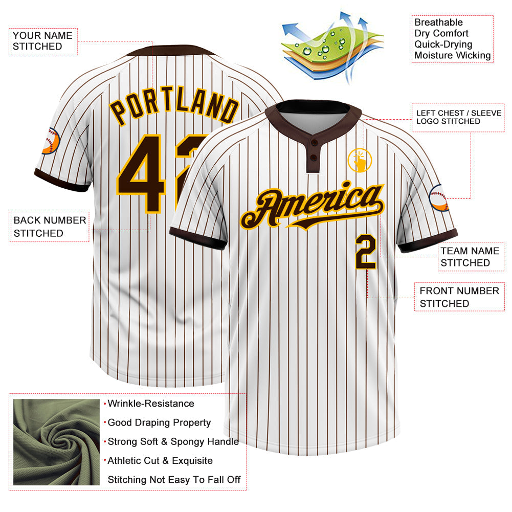 Custom White Brown Pinstripe Gold Two-Button Unisex Softball Jersey view 3