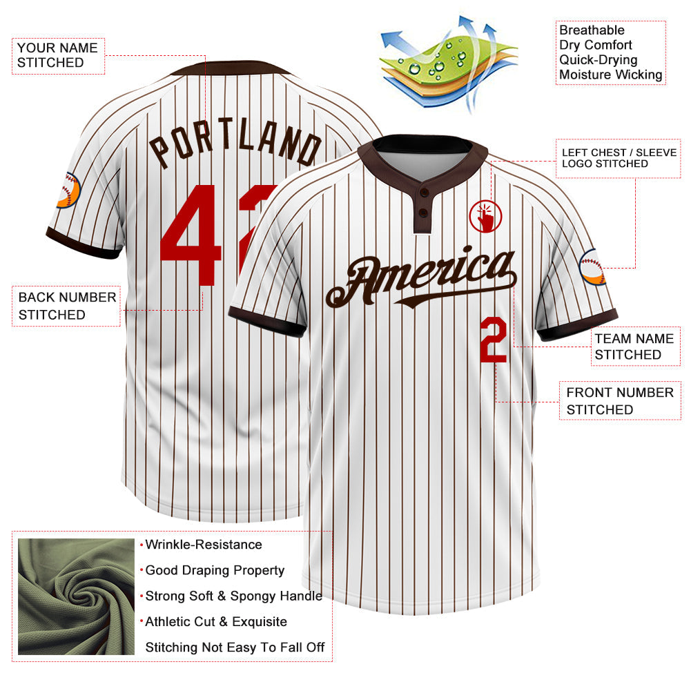 Custom White Brown Pinstripe Red Two-Button Unisex Softball Jersey view 3