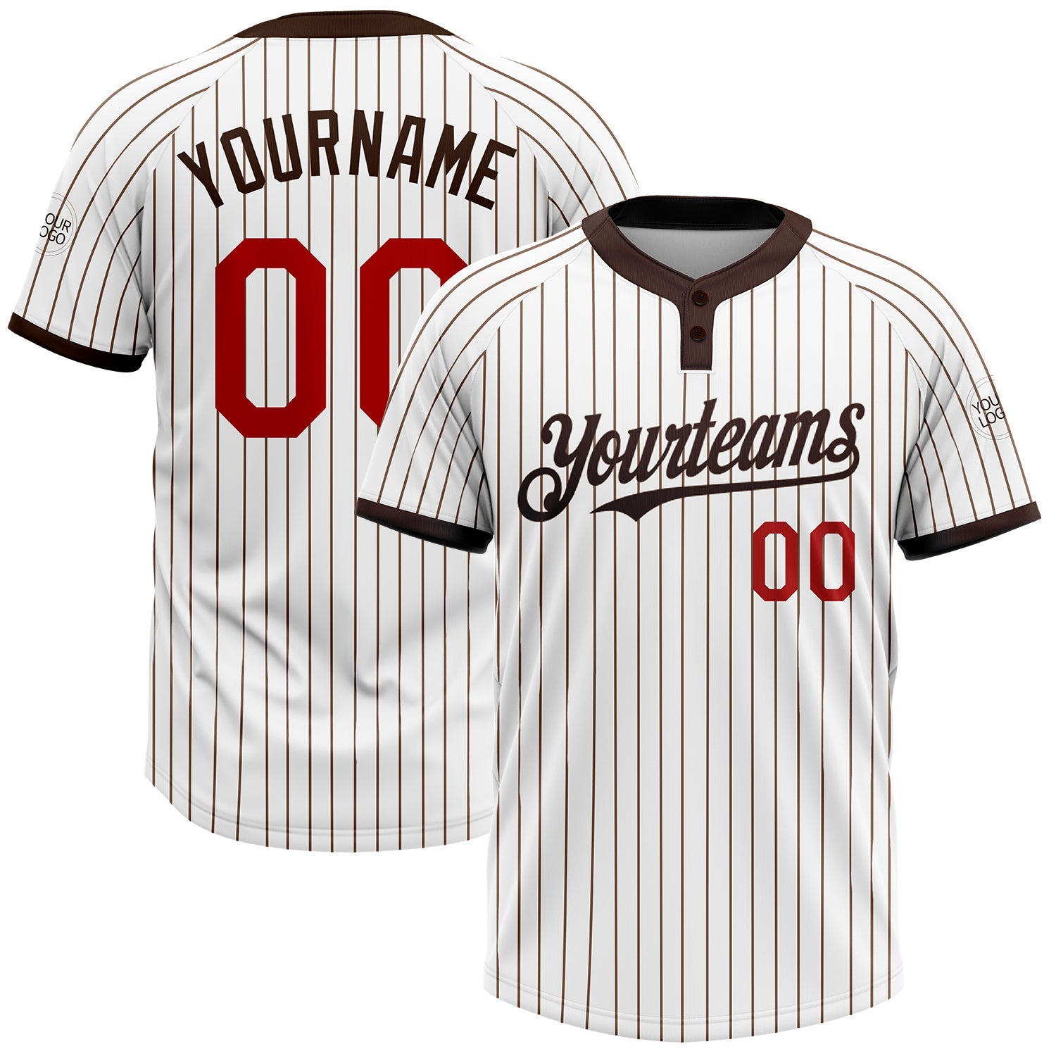 Custom White Brown Pinstripe Red Two-Button Unisex Softball Jersey - Main View