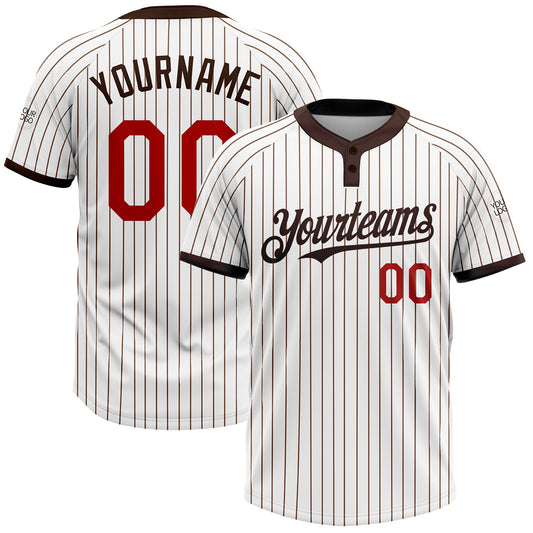 Custom White Brown Pinstripe Red Two-Button Unisex Softball Jersey - Main View