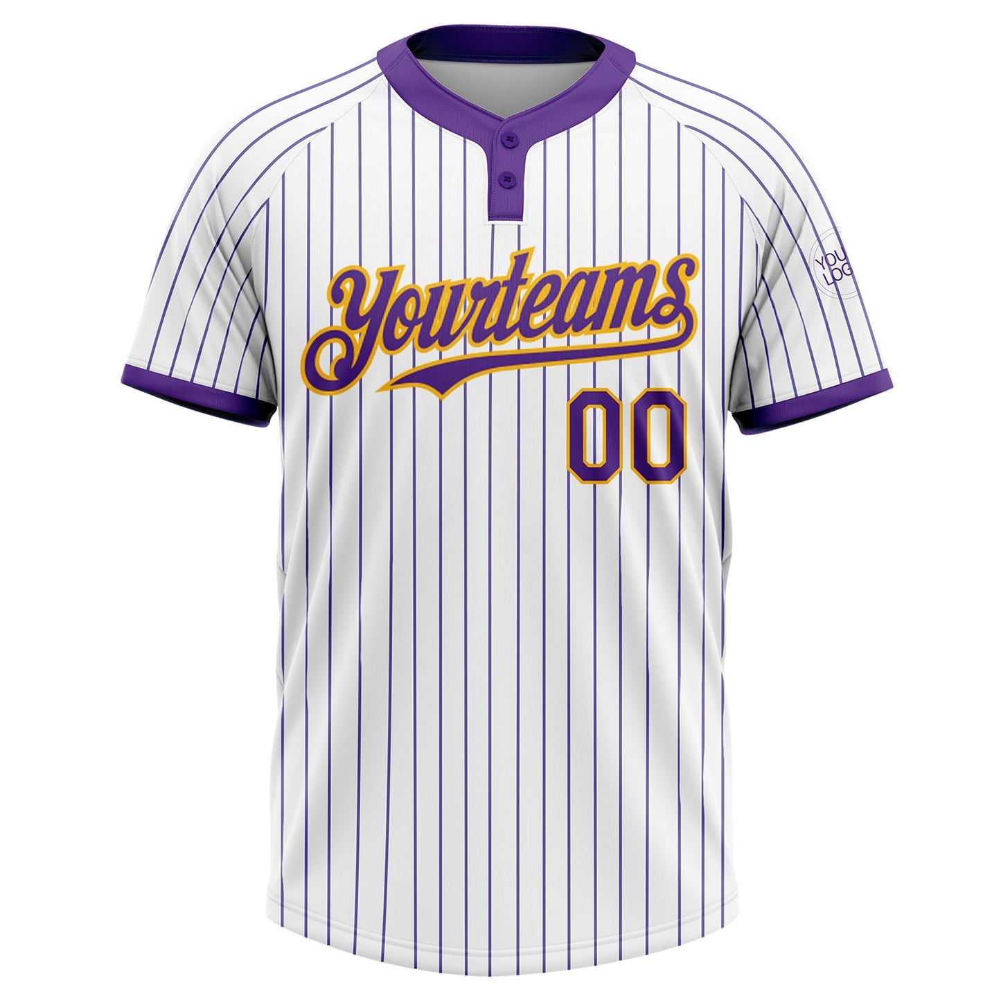 Custom White Purple Pinstripe Gold Two-Button Unisex Softball Jersey view 2