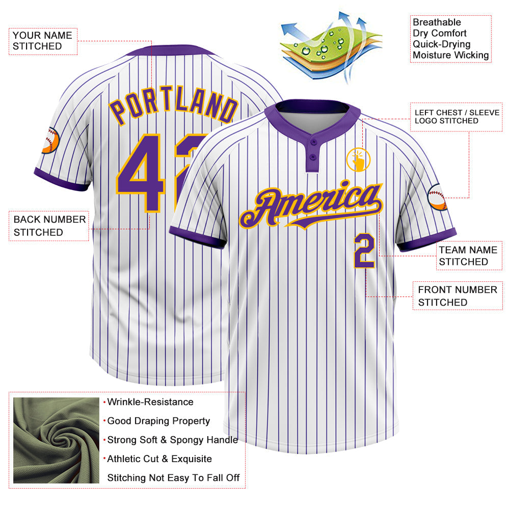 Custom White Purple Pinstripe Gold Two-Button Unisex Softball Jersey view 3