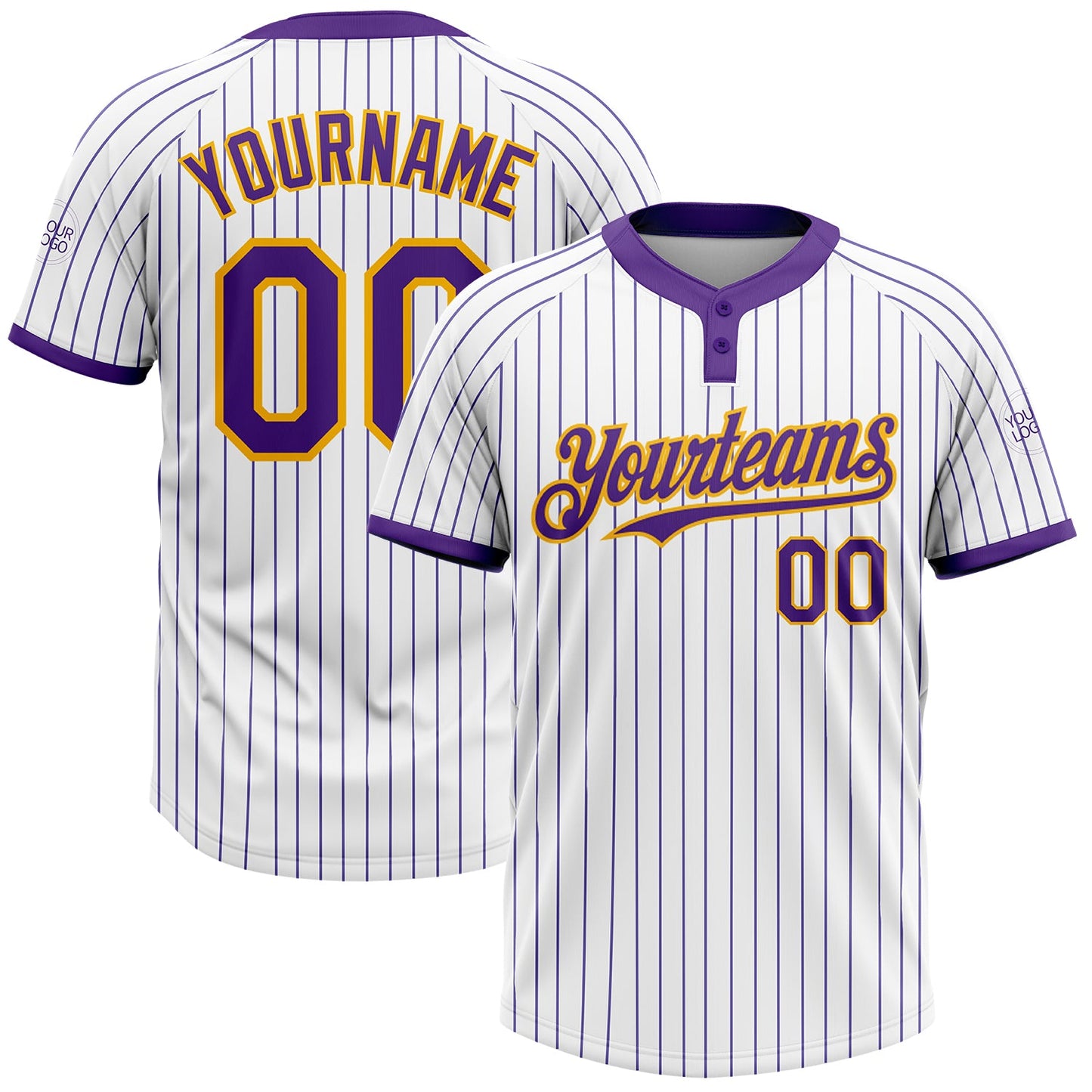 Custom White Purple Pinstripe Gold Two-Button Unisex Softball Jersey - Main View