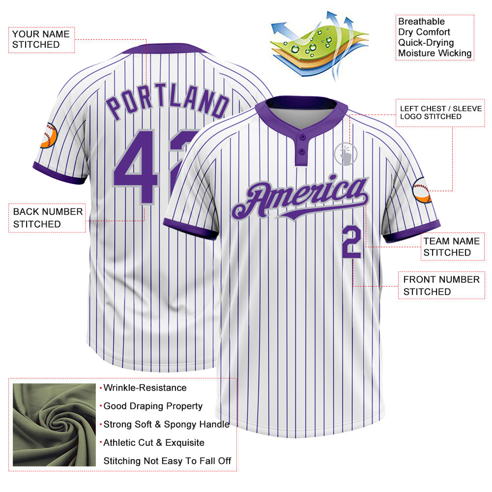 Custom White Purple Pinstripe Gray Two-Button Unisex Softball Jersey view 3
