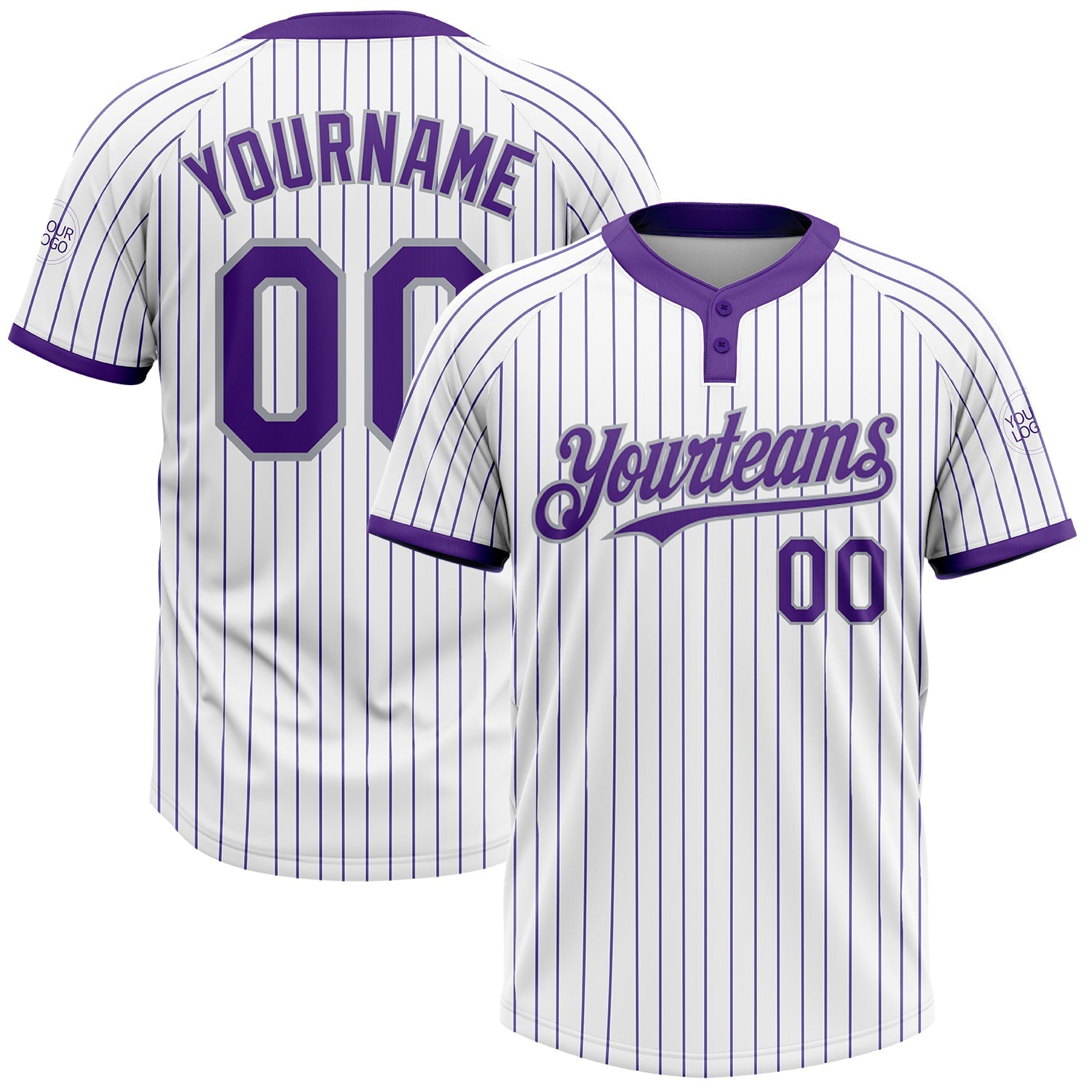 Custom White Purple Pinstripe Gray Two-Button Unisex Softball Jersey - Main View