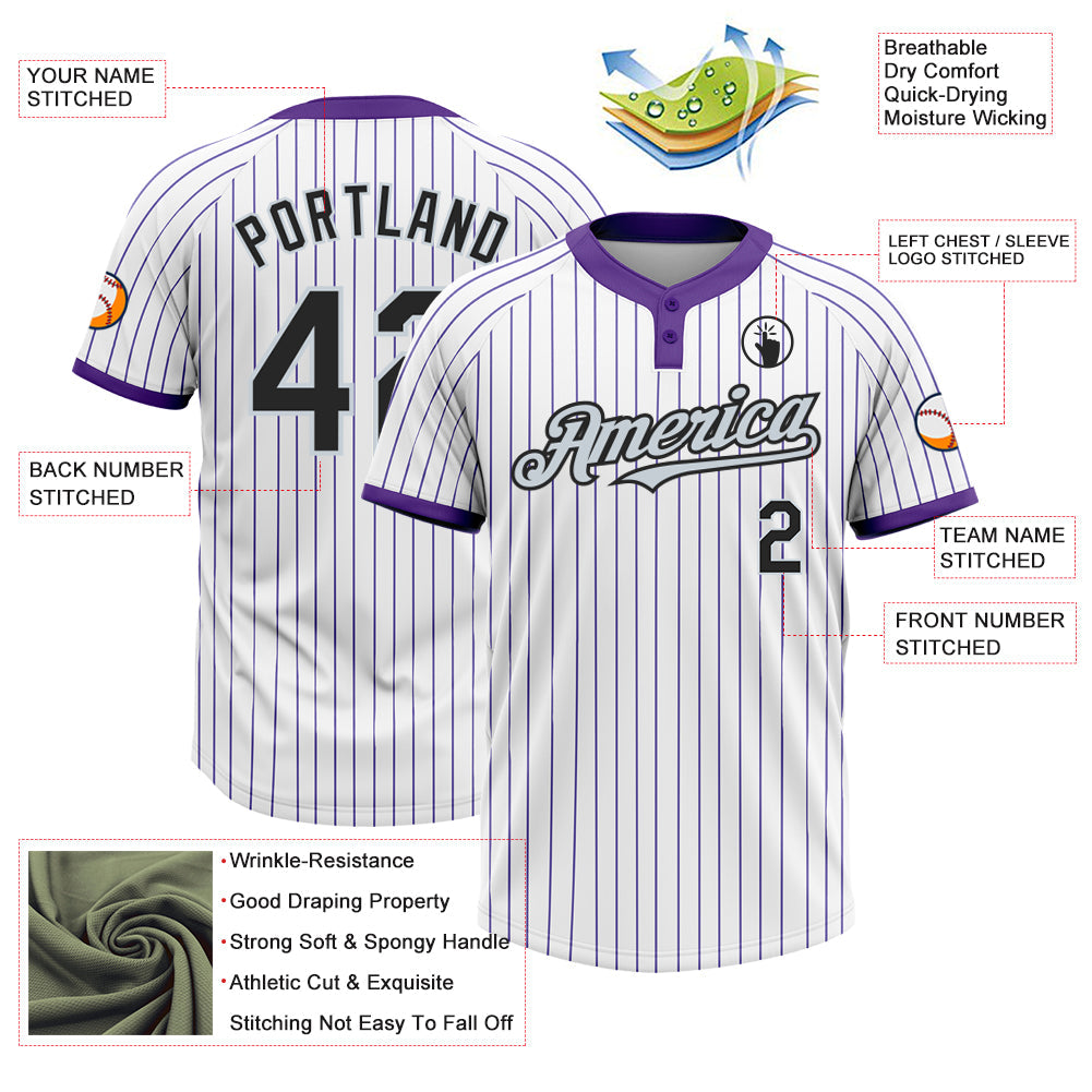 Custom White Purple Pinstripe Black-Silver Two-Button Unisex Softball Jersey view 3