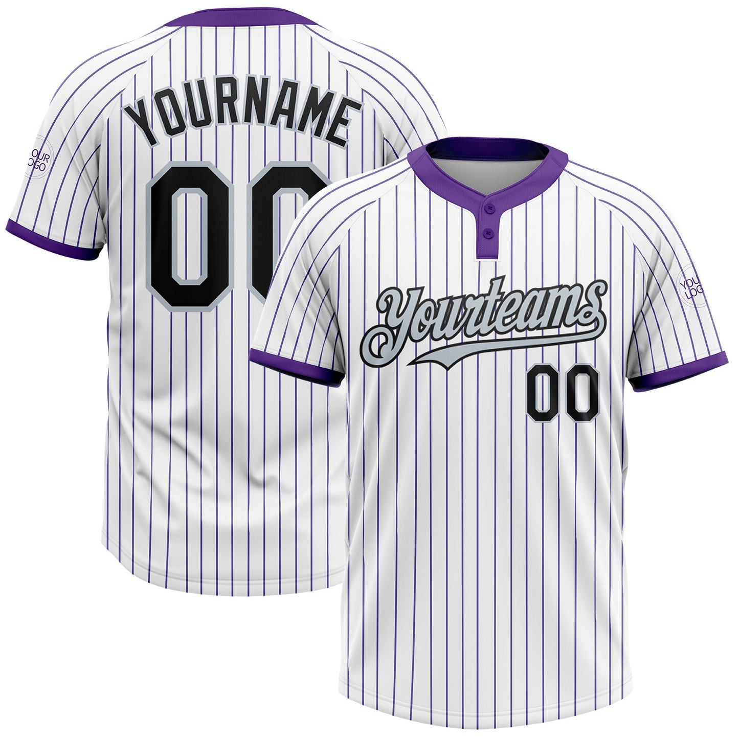 Custom White Purple Pinstripe Black-Silver Two-Button Unisex Softball Jersey - Main View
