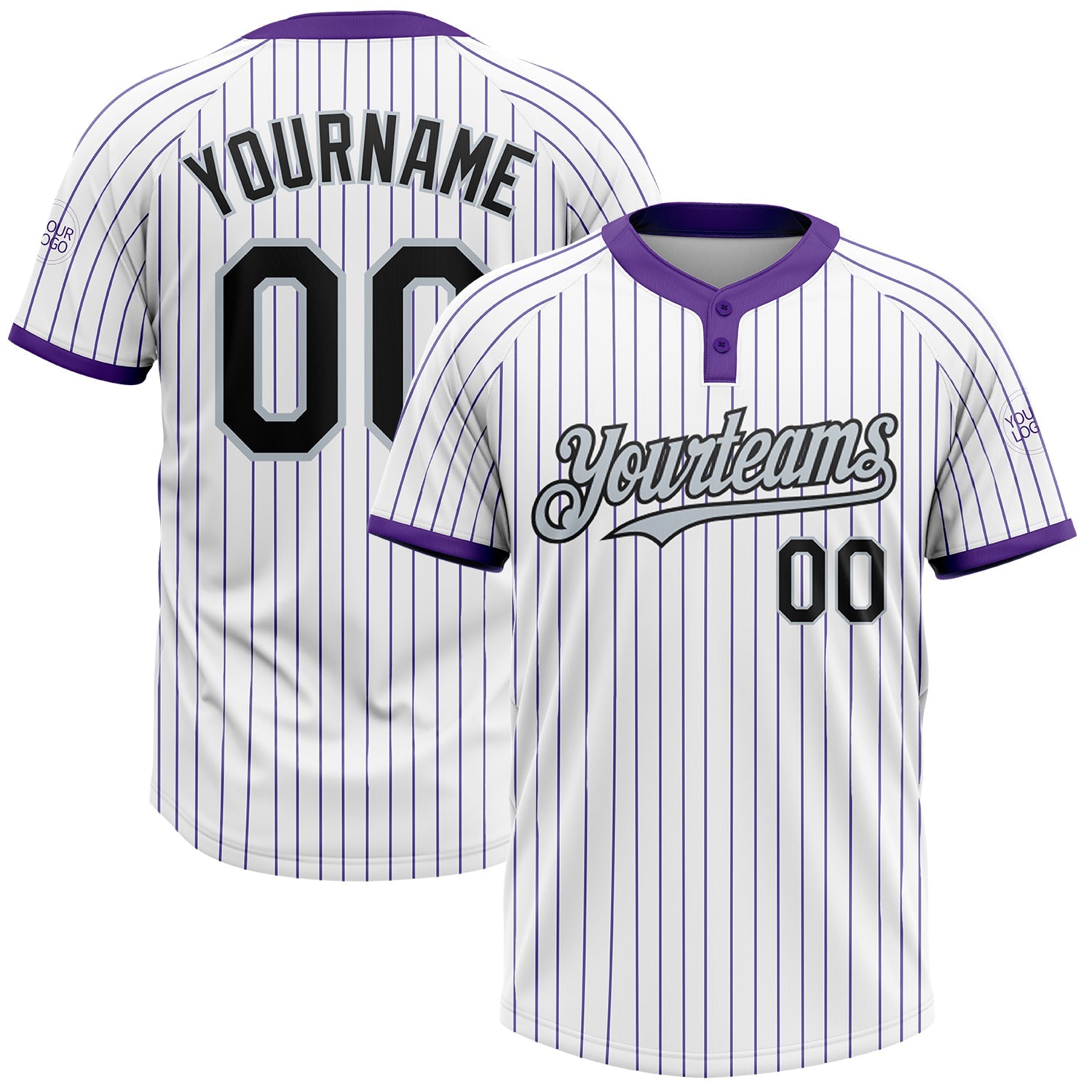Custom White Purple Pinstripe Black-Silver Two-Button Unisex Softball Jersey - Main View