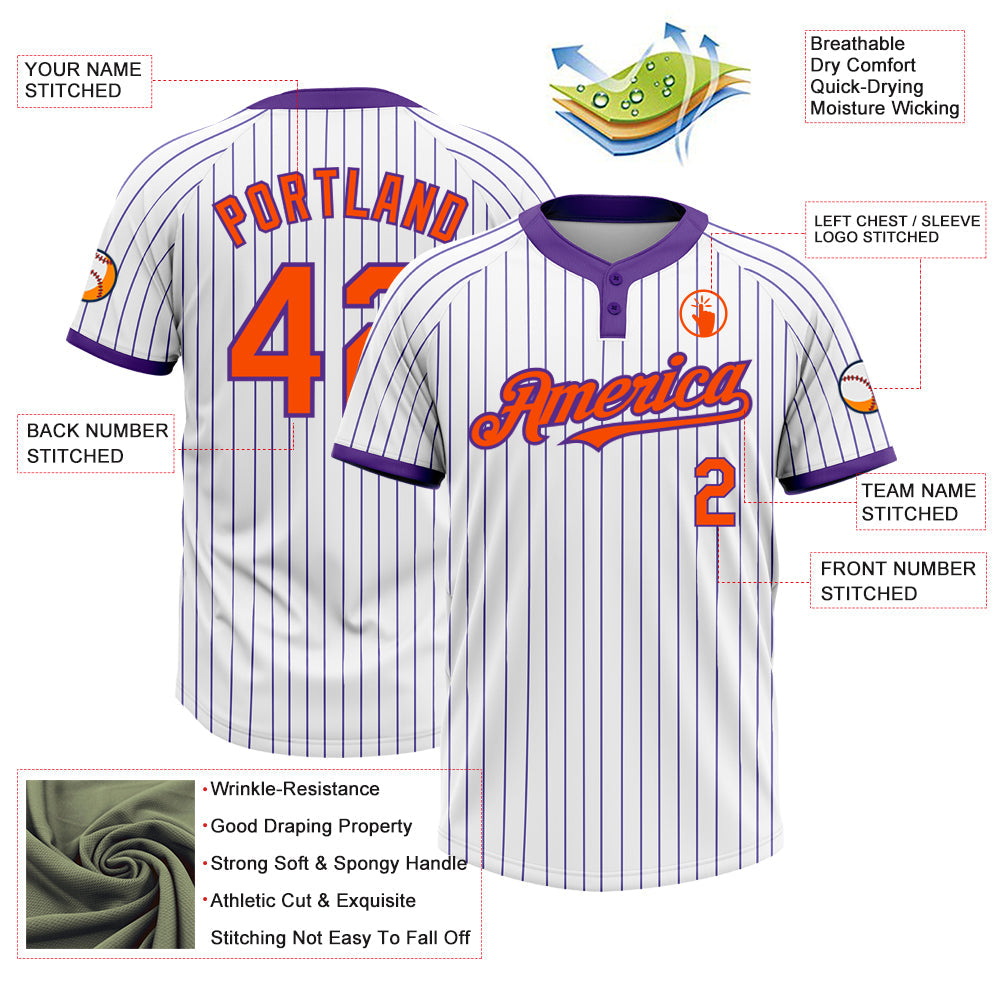 Custom White Purple Pinstripe Orange Two-Button Unisex Softball Jersey view 3