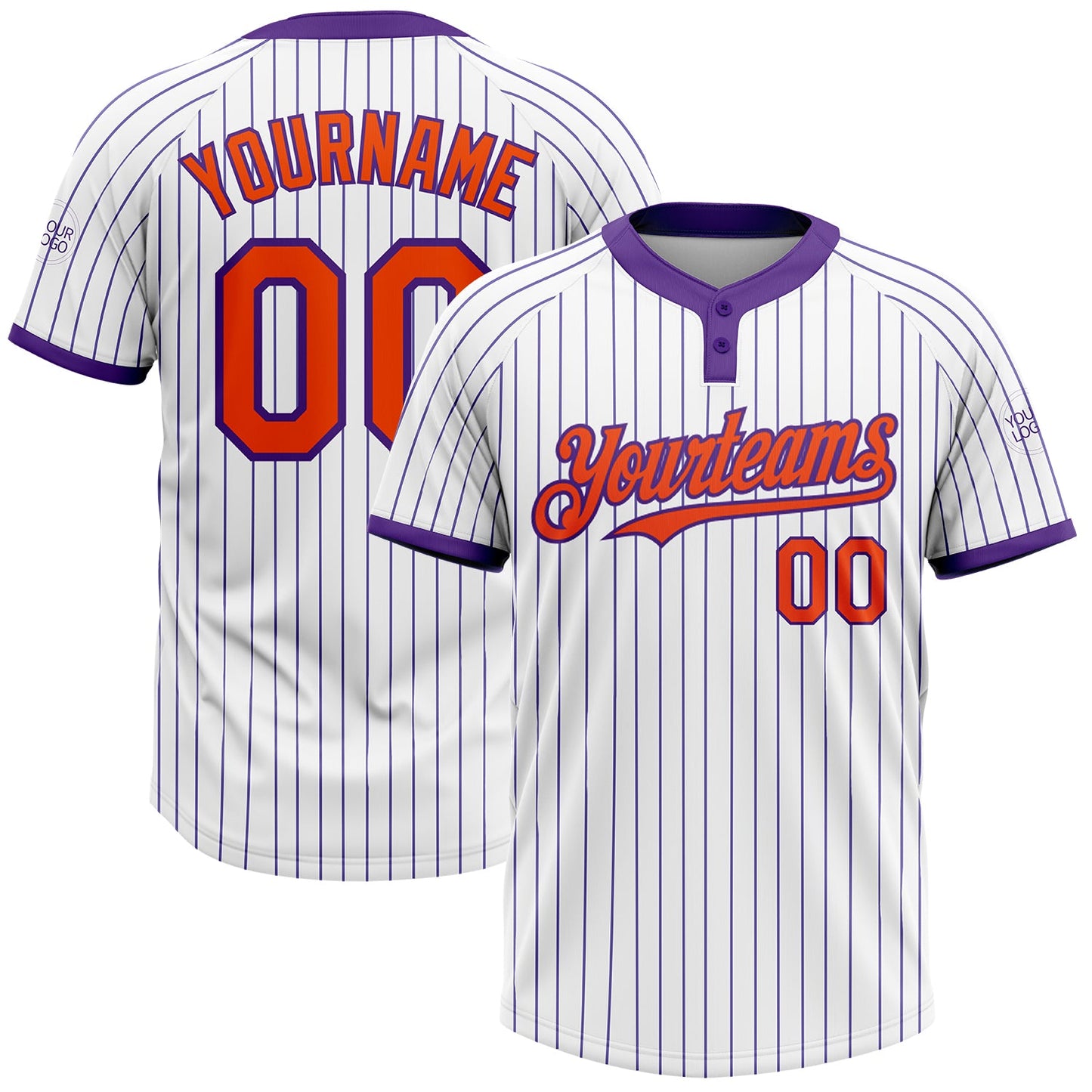 Custom White Purple Pinstripe Orange Two-Button Unisex Softball Jersey - Main View