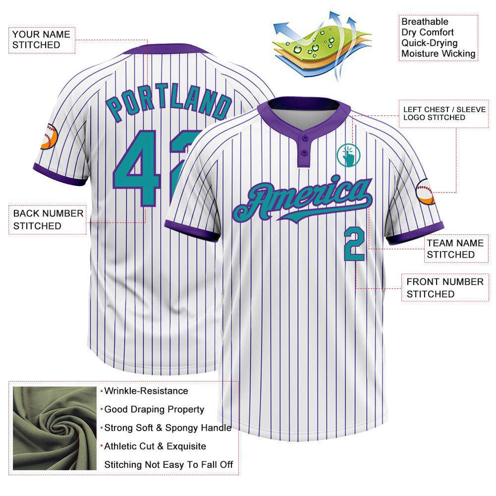 Custom White Purple Pinstripe Teal Two-Button Unisex Softball Jersey view 3