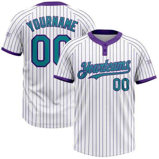 Custom White Purple Pinstripe Teal Two-Button Unisex Softball Jersey - Main View