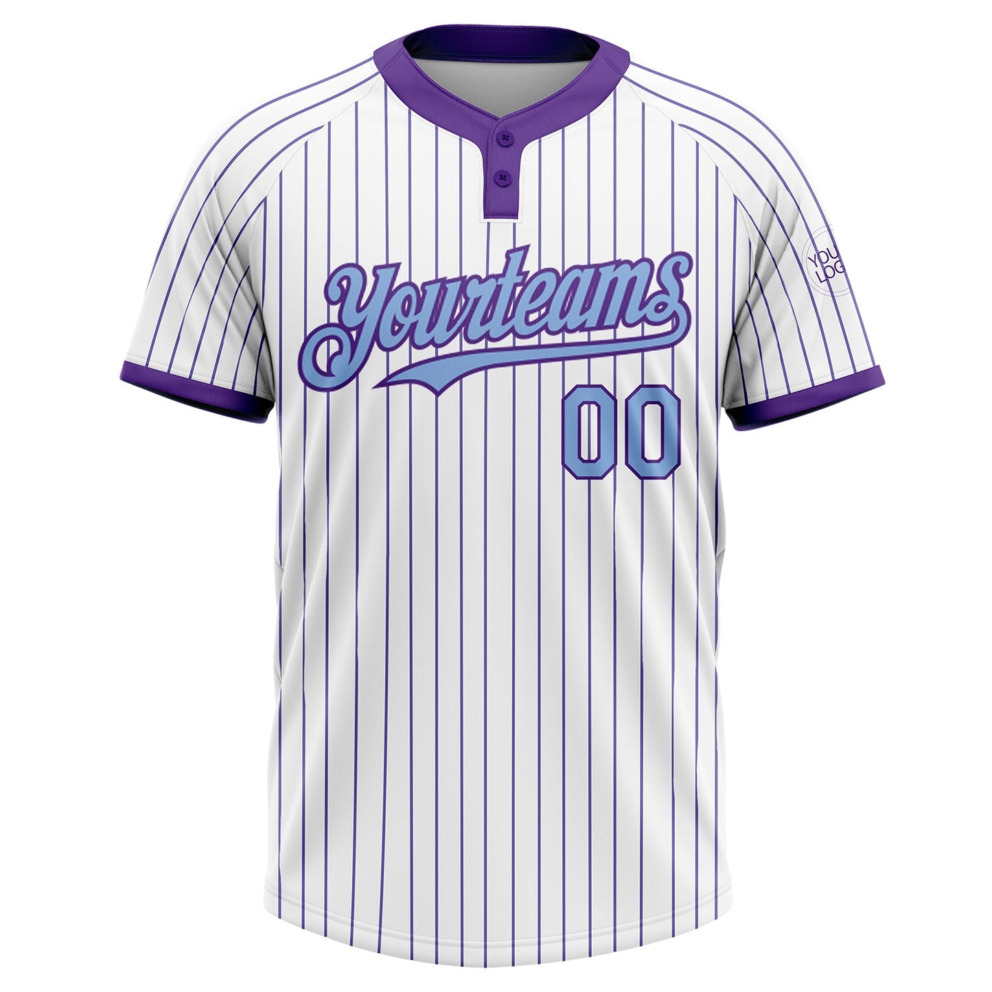 Custom White Purple Pinstripe Light Blue Two-Button Unisex Softball Jersey view 2