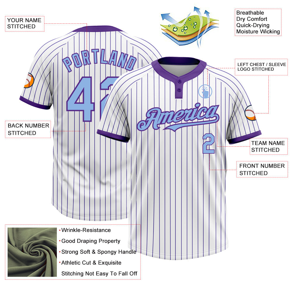 Custom White Purple Pinstripe Light Blue Two-Button Unisex Softball Jersey view 3