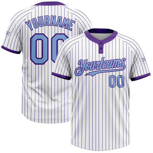 Custom White Purple Pinstripe Light Blue Two-Button Unisex Softball Jersey - Main View