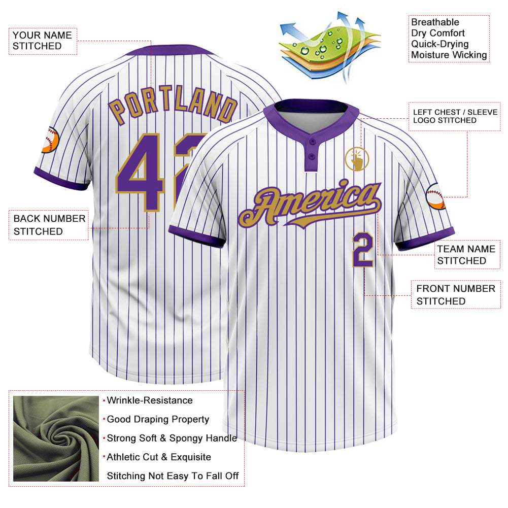 Custom White Purple Pinstripe Old Gold Two-Button Unisex Softball Jersey view 3