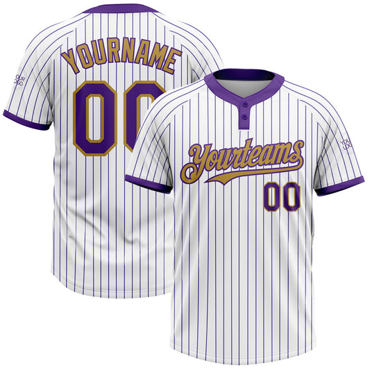 Custom White Purple Pinstripe Old Gold Two-Button Unisex Softball Jersey - Main View