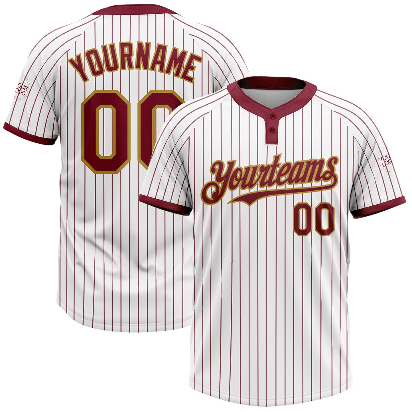 Custom White Crimosn Pinstripe Old Gold Two-Button Unisex Softball Jersey - Main View