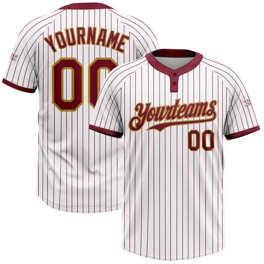 Custom White Crimosn Pinstripe Old Gold Two-Button Unisex Softball Jersey - Main View