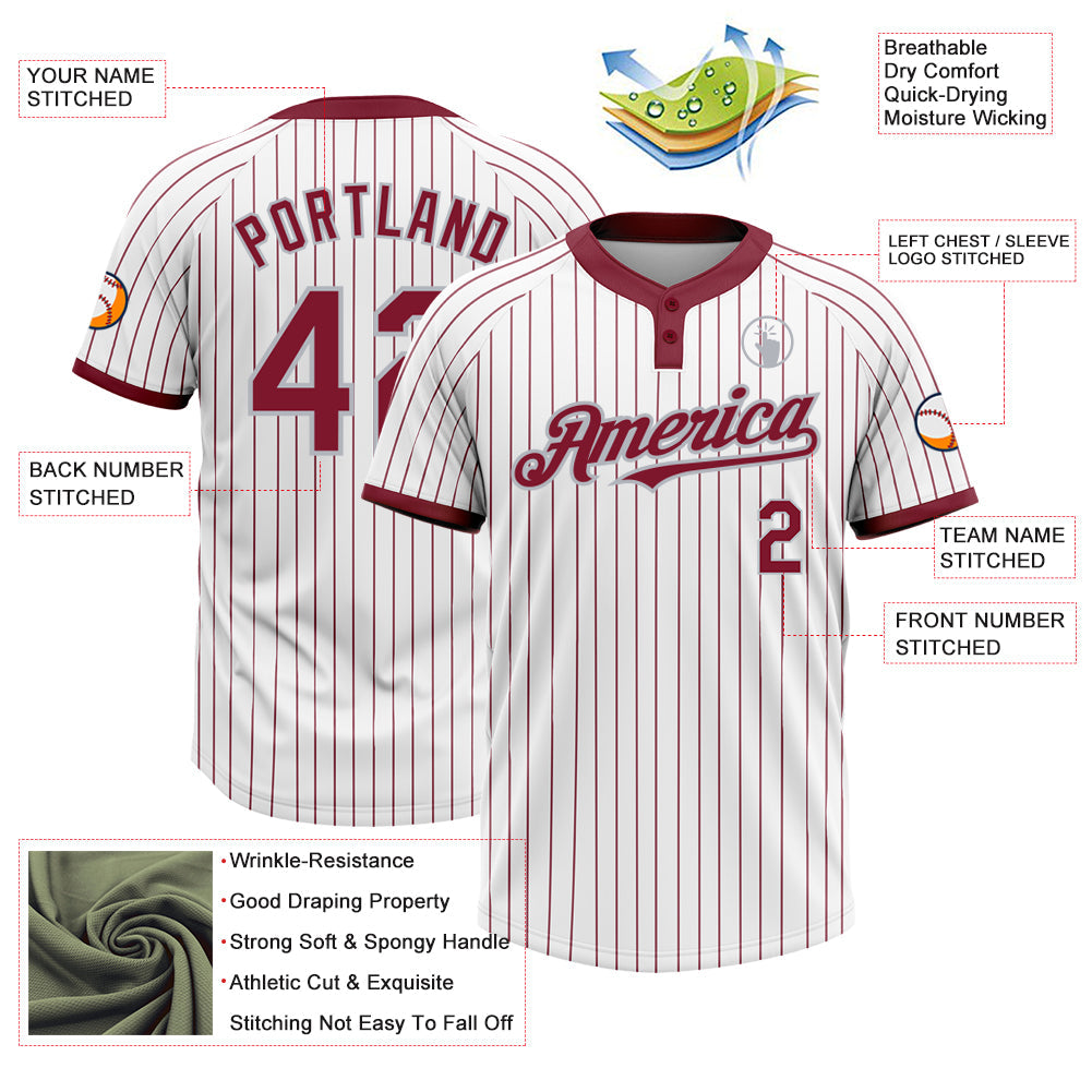 Custom White Crimosn Pinstripe Gray Two-Button Unisex Softball Jersey view 3