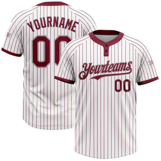 Custom White Crimosn Pinstripe Gray Two-Button Unisex Softball Jersey - Main View