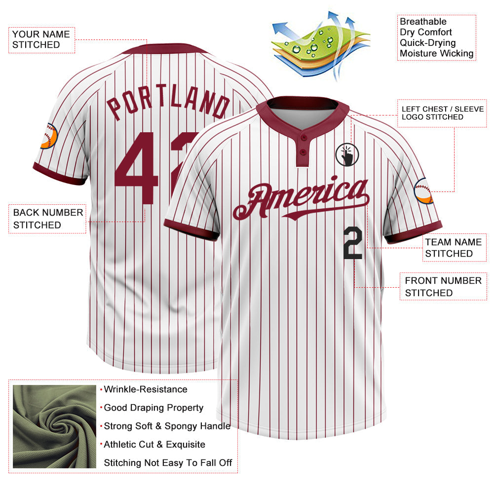 Custom White Crimosn Pinstripe Black Two-Button Unisex Softball Jersey view 3