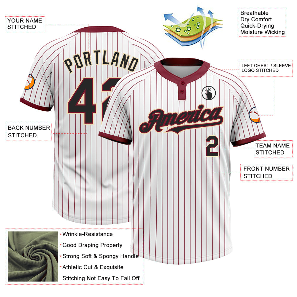 Custom White Crimosn Pinstripe Black-Cream Two-Button Unisex Softball Jersey view 3