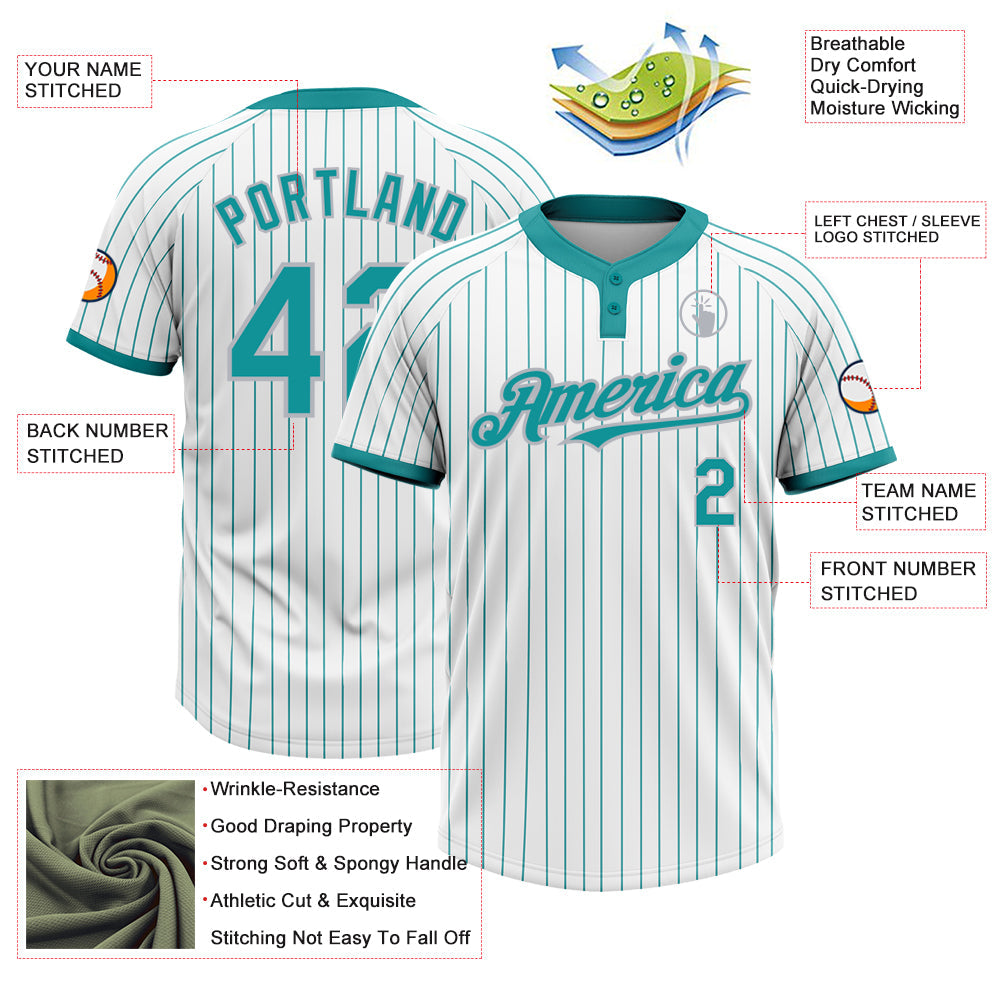 Custom White Teal Pinstripe Gray Two-Button Unisex Softball Jersey view 3