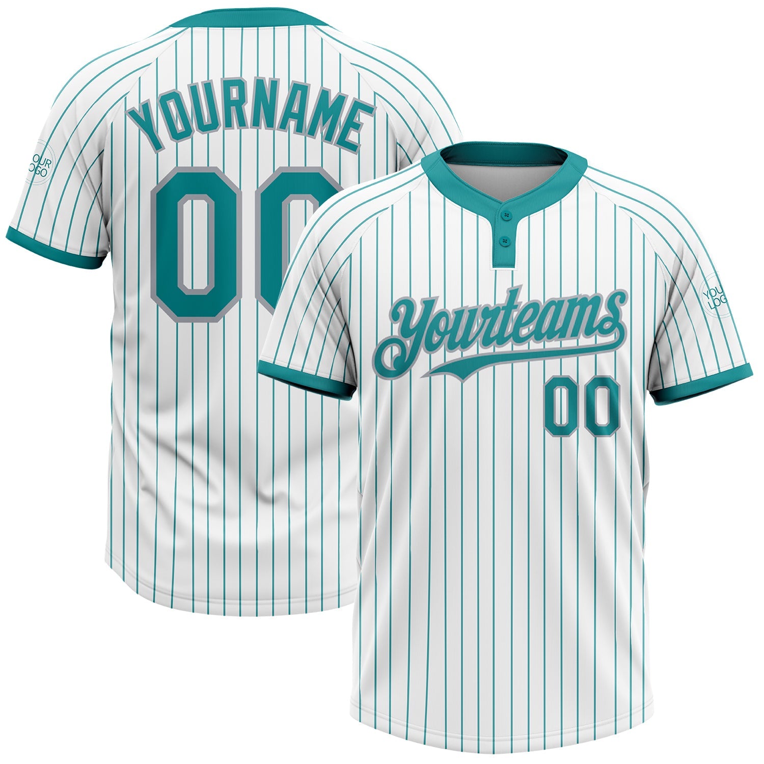 Custom White Teal Pinstripe Gray Two-Button Unisex Softball Jersey - Main View