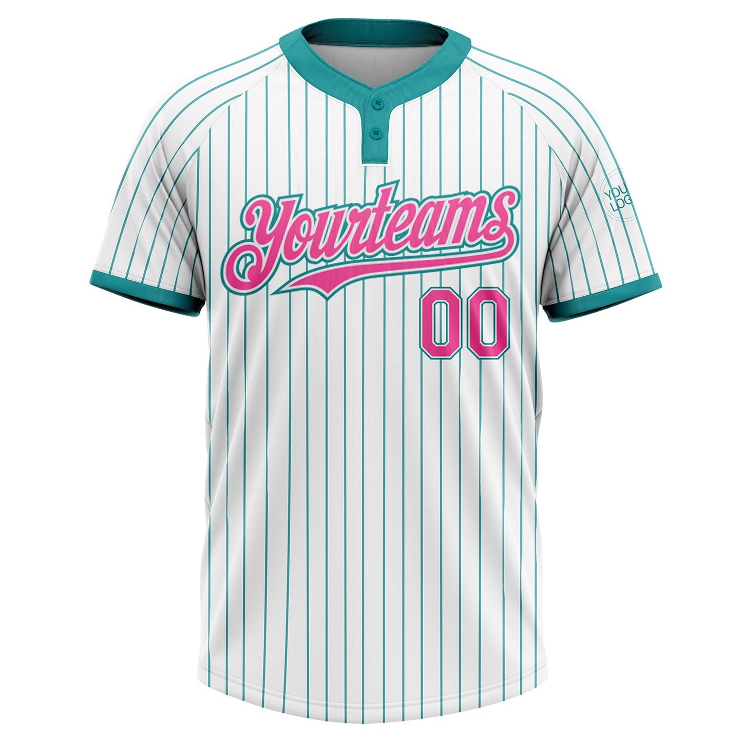 Custom White Teal Pinstripe Pink Two-Button Unisex Softball Jersey view 2