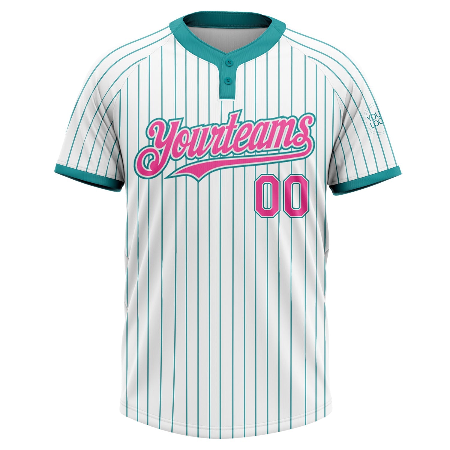 Custom White Teal Pinstripe Pink Two-Button Unisex Softball Jersey view 2