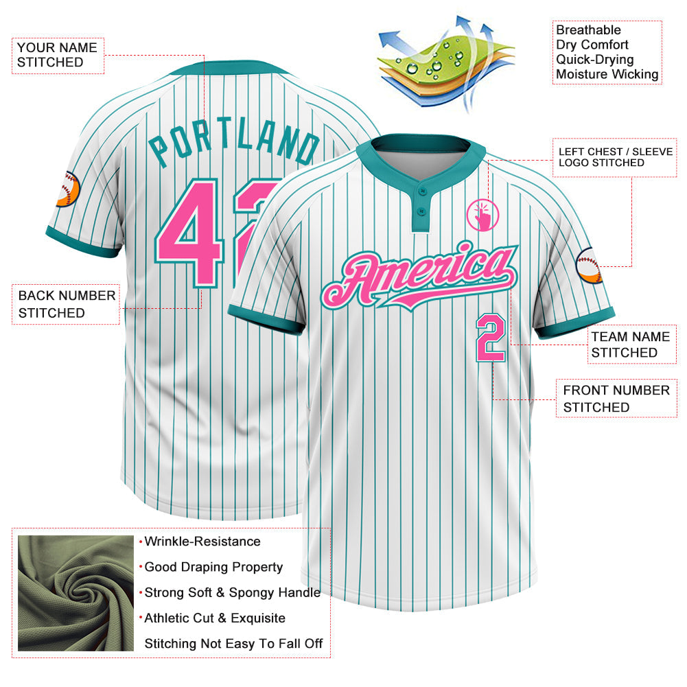 Custom White Teal Pinstripe Pink Two-Button Unisex Softball Jersey view 3