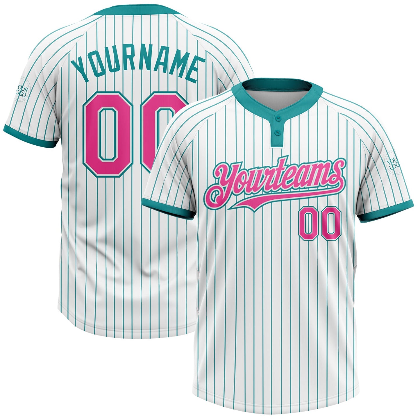 Custom White Teal Pinstripe Pink Two-Button Unisex Softball Jersey - Main View