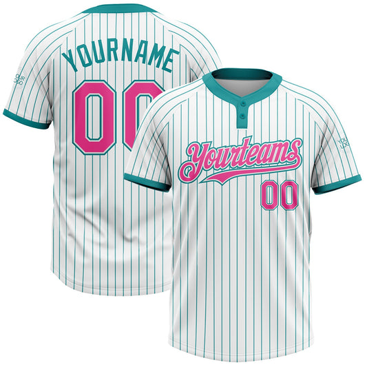 Custom White Teal Pinstripe Pink Two-Button Unisex Softball Jersey - Main View