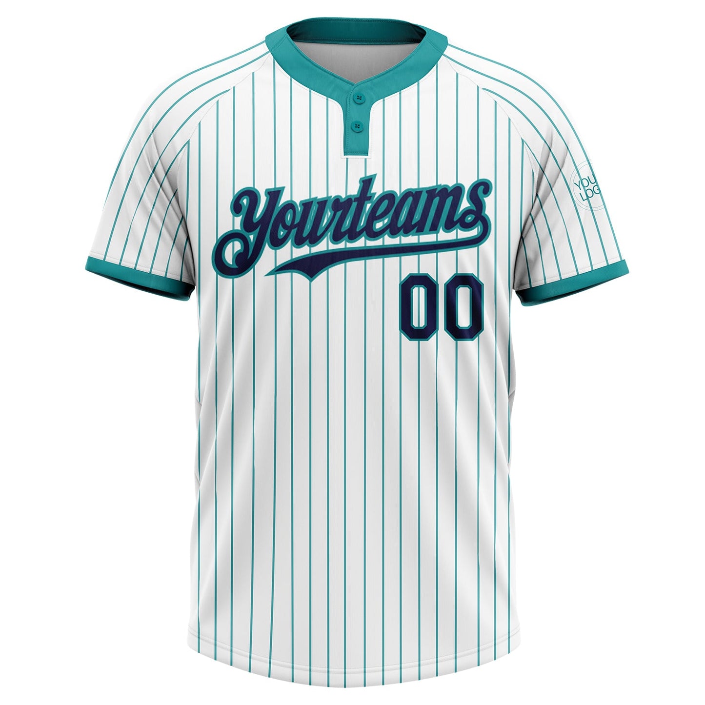 Custom White Teal Pinstripe Navy Two-Button Unisex Softball Jersey view 2
