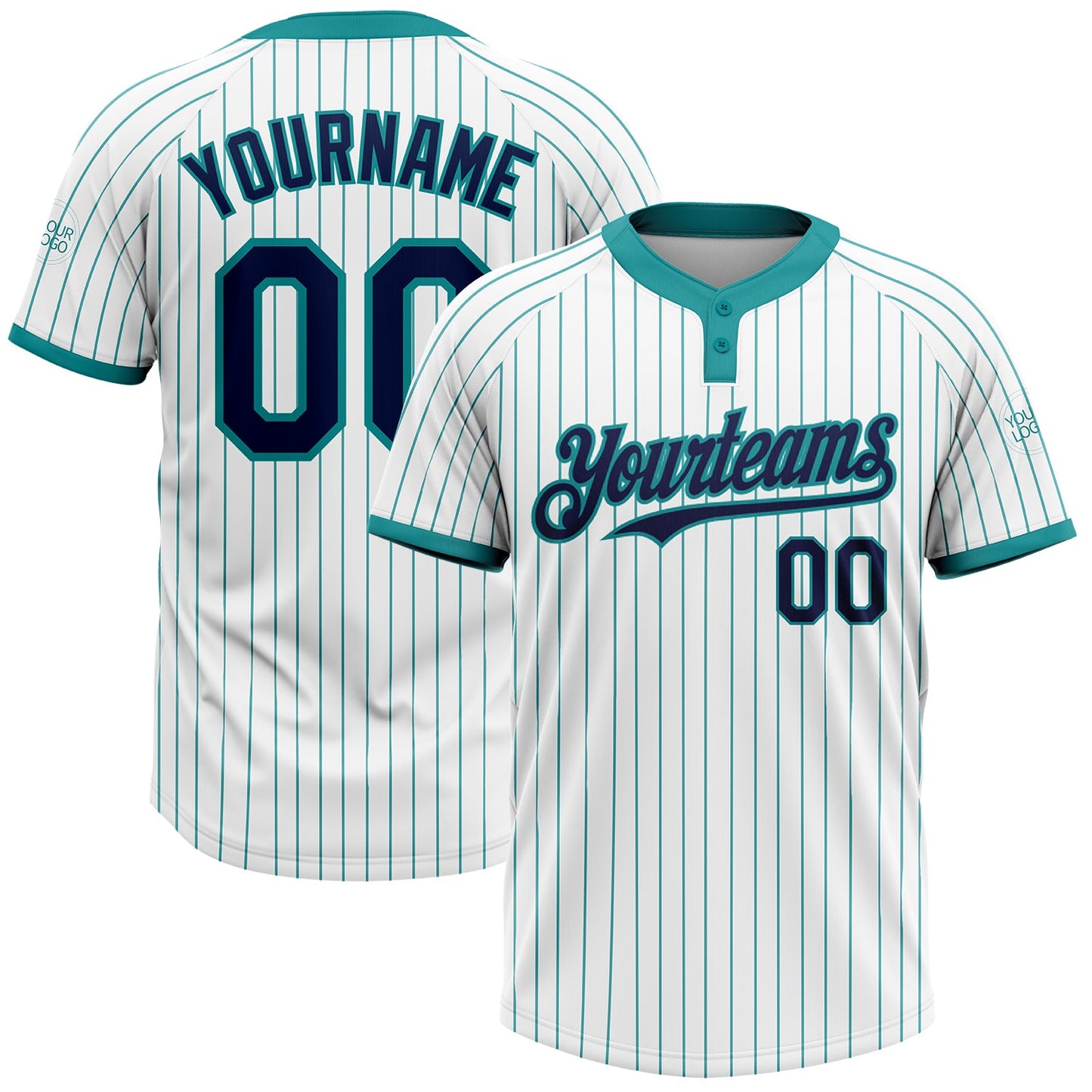 Custom White Teal Pinstripe Navy Two-Button Unisex Softball Jersey - Main View